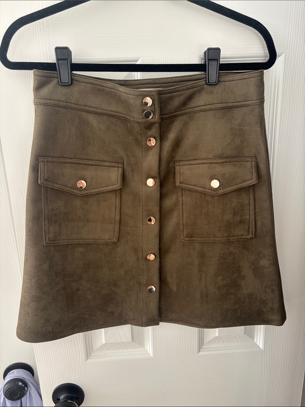 Philosophy Olive Green Suede-Look Button Front A-Line Skirt